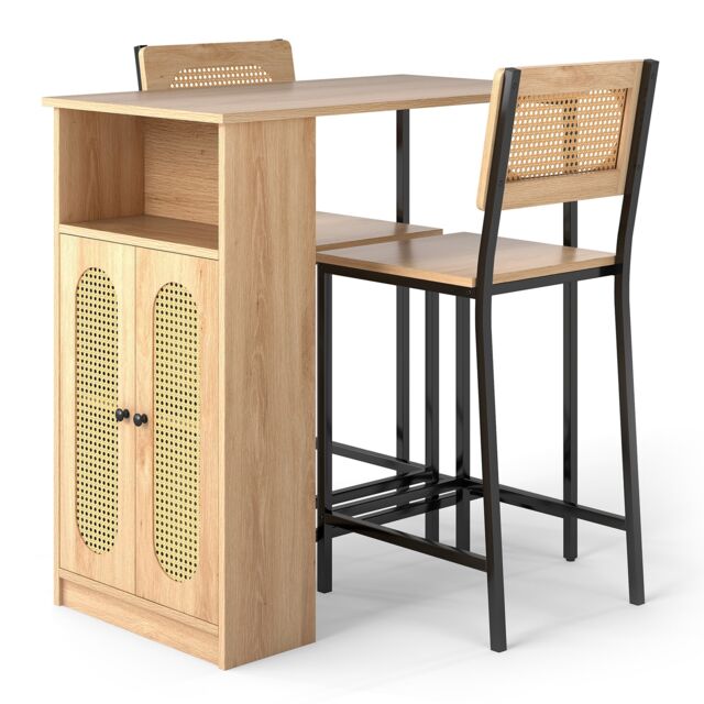 COSTWAY 3Piece Bar Table Set Dining Table and 2 Bar Stools Set Storage Natural