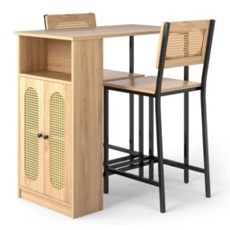 COSTWAY 3Piece Bar Table Set Dining Table and 2 Bar Stools Set Storage Natural
