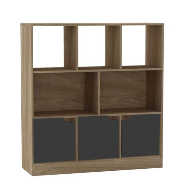 Asymmetrical 8 Cube Oak Freestanding Bookcase Shelf Storage Unit with 3 Doors Black Plain Doors - Black 1