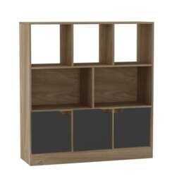 Asymmetrical 8 Cube Oak Freestanding Bookcase Shelf Storage Unit with 3 Doors Black Plain Doors - Black 1