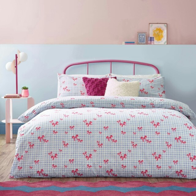 Heya Home Gingham Bows Printed Blue Duvet Cover Set, Super King Multi Super King