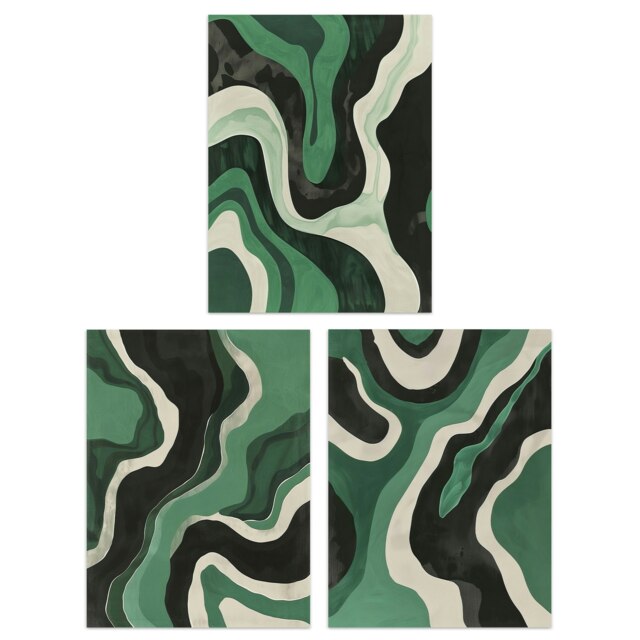 Set of 3 Abstract Green Black Amazon River Aerial Living Room A4 Size Wall Art Prints Pack