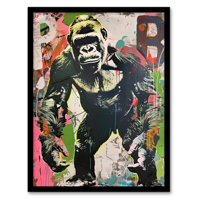 Standing Gorilla Street Graffiti Modern Living Room Black Framed Wall Art Print A4