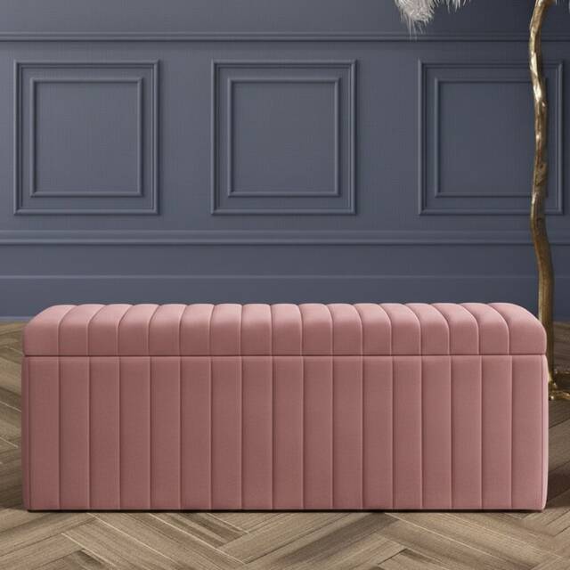 150cm Wide Lux Ottoman Storage Box, Pink Velvet Upholstered Full Striped Storage Ottoman Box