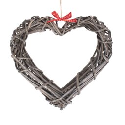 Wicker Wide Heart Wreath With Red Spotty Ribbon Brown Natural Wide