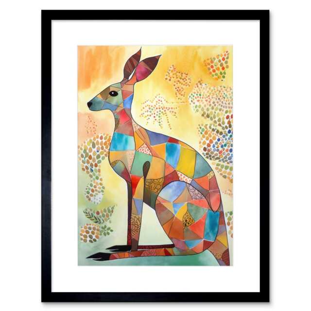 "Kangaroo Folk Art Watercolour Painting 9x7"" Black Framed Wall Art Print"
