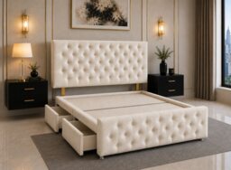 Divan Bed with Upholstered Headboard & Footboard Base 4FT6 Double Cream Coniston 4 Drawers