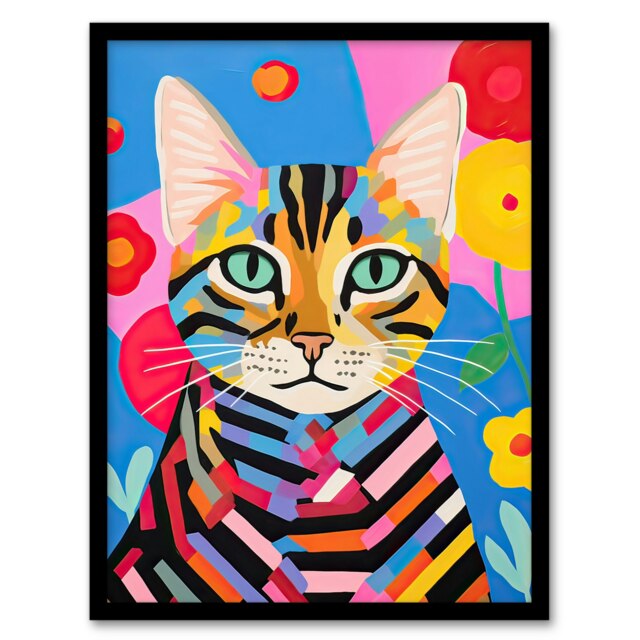 Abstract Pop Art Stripes Cat Vibrant Oil Bright Floral Black Framed Wall Art Print A4