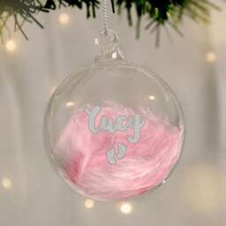 Personalised Pink Feather Silver Footprints Glass Bauble