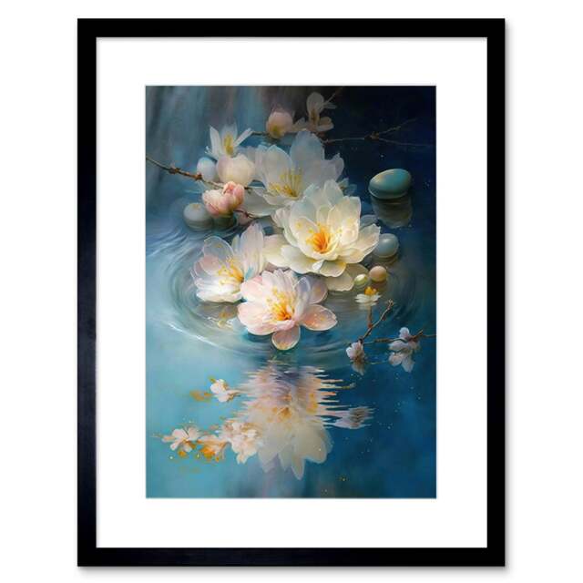 "Fallen Cherry Blossom Flower Water Ripples Watercolour 9x7"" Black Framed Wall Art Print"