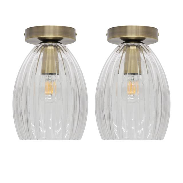 Set of 2 Birch - Fluted Glass Antique Brass Ceiling Light Fittings