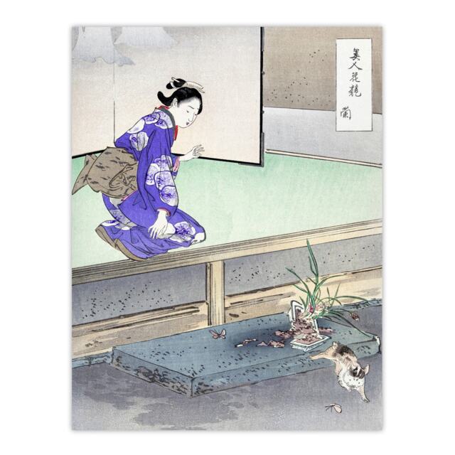"Orchid Broken Plant Pot and Cat Japan Wall Art Print Ogata Gekko 24x32"""