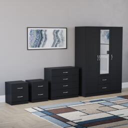 Vida Designs Riano 4 Piece Bedroom Set (2x 2 Drawer Bedside Chest, 4 Drawer Chest, 3 Door 2 Drawer Mirrored Wardrobe) - Black