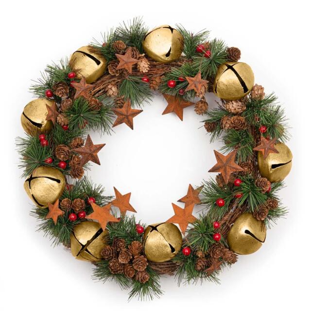 40cm Bells Stars Pine Green Christmas Wreath