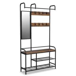 Entryway Hallway Coat Hanger Stand & Shoe Bench Storage Display Rack with Mirror Black Black & Rustic Oak One Size