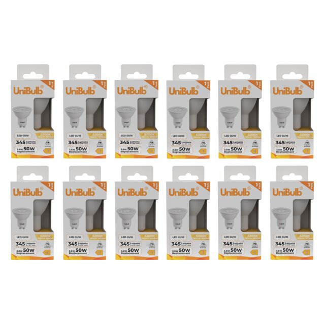 UniBulb LED GU10 345lm 3.6W (Replaces 50W) 3000K (Warm White) Spotlight Downlight Light Bulb - Pack of 12