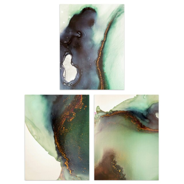 Set of 3 Abstract Green Copper Gold Bathroom Stone Agate Marble Wall Art Print A4