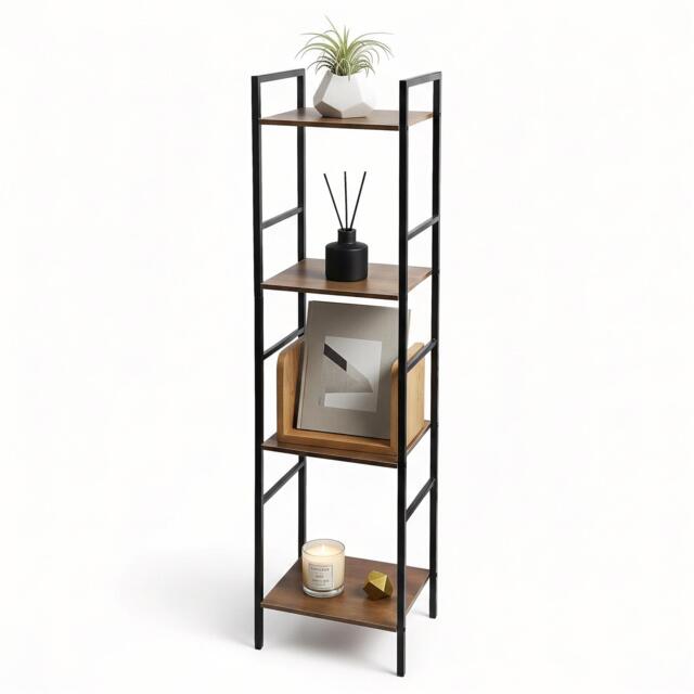 GEEZY 4 Tier Tall Bookcase Narrow Metal Wood Storage Shelving Unit