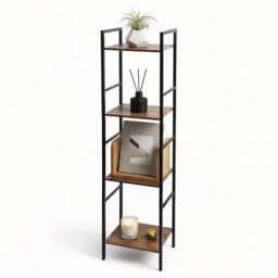 GEEZY 4 Tier Tall Bookcase Narrow Metal Wood Storage Shelving Unit