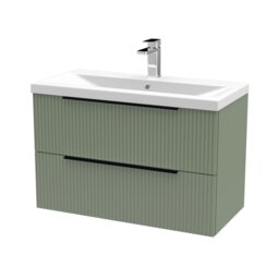 Balterley Fluted Front Wall Hung 2-Drawer Bathroom Vanity Unit with 1 Tap Hole Basin, Handles Green Satin Green