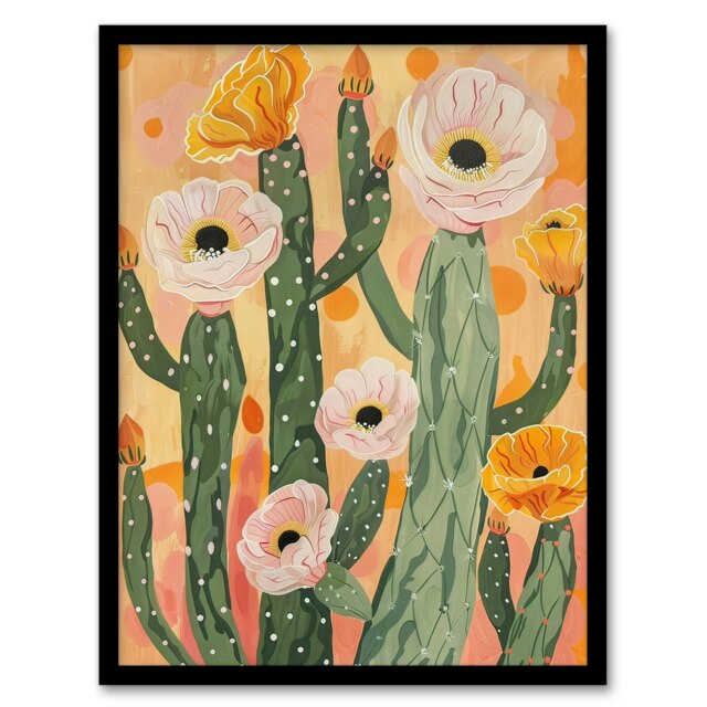 Pastel Pink Cactus Flower Blossom Soft Black Framed Wall Art Print A4