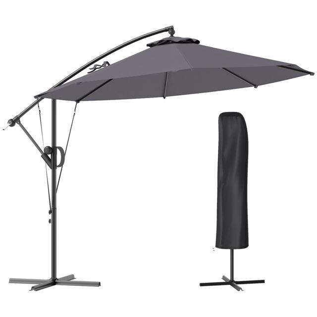 Outsunny 3(m) Cantilever Banana Parasol with Cover Wind Strap UPF50+Grey Grey