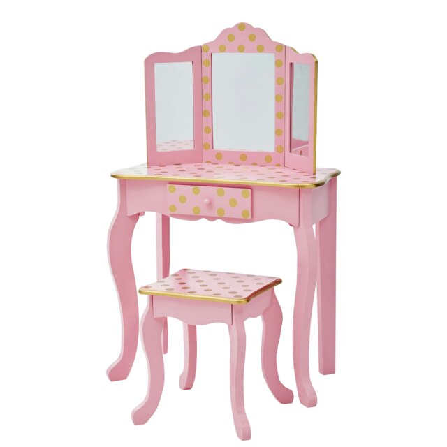 Teamson Kids Gisele Polka Dot Vanity with Mirror & Stool, Pink/Rose Gold