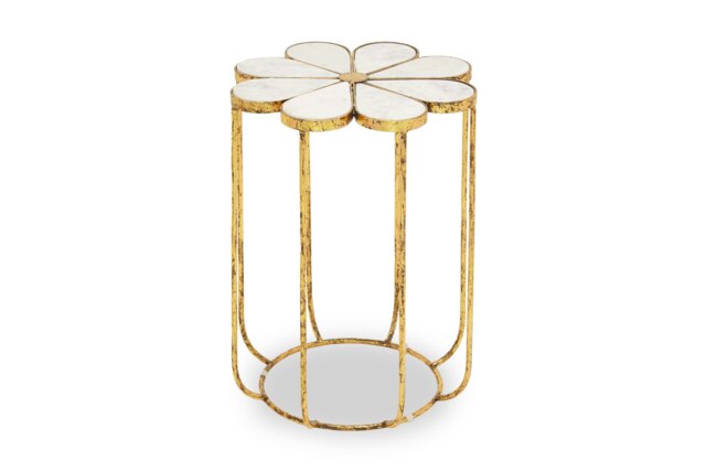 Interiors by Premier Petal Side Table With Marble Top, Gold Finish Bedside Table, Modern Nesting Table, Metallic Round Table White