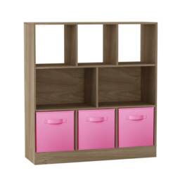 Asymmetrical 8 Oak Cube Bookcase Shelf Storage Unit with 3 Fabric Drawer Inserts Multi Oak & Light Pink Drawer 1
