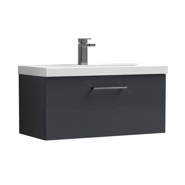 Balterley Wall Hung Bathroom 1 Drawer Vanity Unit and 1 Tap Hole Ceramic Basin, with Handle Grey Soft Black