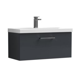 Balterley Wall Hung Bathroom 1 Drawer Vanity Unit and 1 Tap Hole Ceramic Basin, with Handle Grey Soft Black