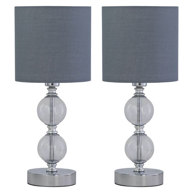 Set of 2 Chrome Two Ball Table Lamp with Grey Cotton Shades Chrome Grey Medium 2