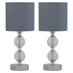 Set of 2 Chrome Two Ball Table Lamp with Grey Cotton Shades Chrome Grey Medium 2