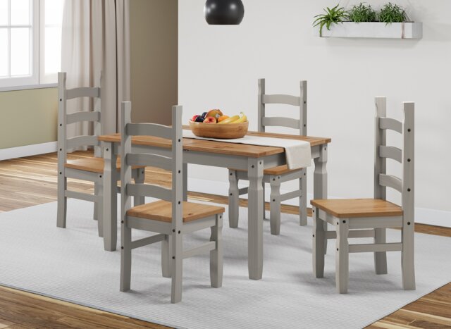 Mercers Furniture Corona Grey Wax Small Extending Dining Table & 4 Chairs Set Solid Wood Pine Wooden Kitchen with Mexican Styling