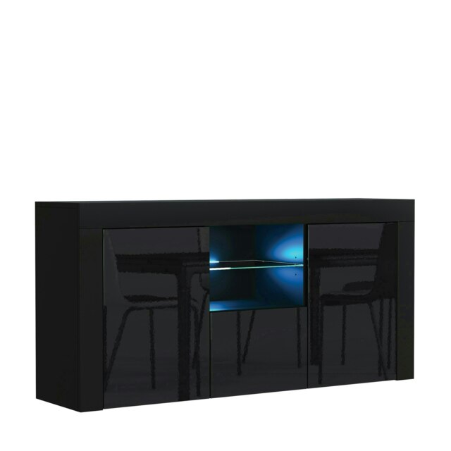 Black TV Unit 145cm Gloss Doors Free LED Modern Media Cabinet Black One Size 1