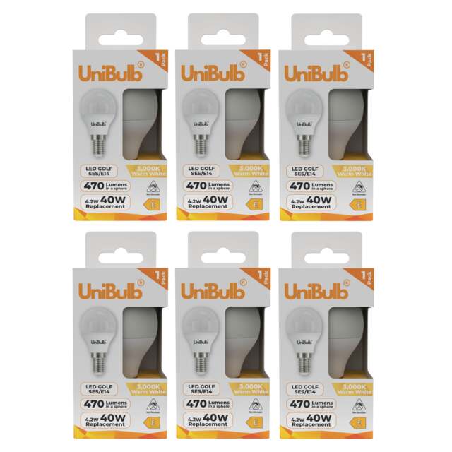 UniBulb LED Golf Ball E14 Small Edison Screw (SES) 470lm 4.2W (Replaces 40W) 3000K (Warm White) Light Bulb - Pack of 6 White Warm White 6