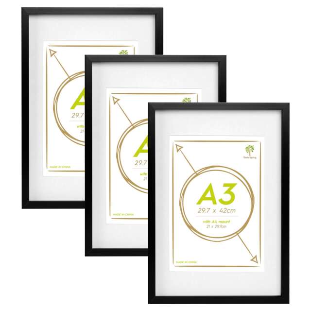 "Nicola Spring 3x Photo Frames with White A4 Mount - A3 (12"" x 17"") Black Portrait Hanging Wall Mounted Picture Display Frame"