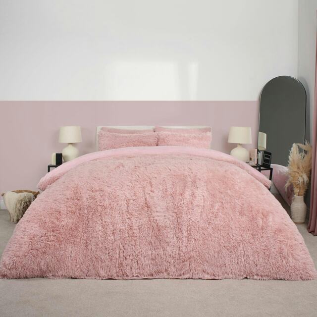 OHS Teddy Fleece Shaggy Faux Fur Duvet Cover and Pillowcase Set, King - Blush Pink