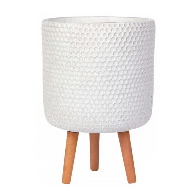 Honeycomb Style White Cylinder Planter on Legs, Round Pot Plant Stand Indoor D31 H47 cm, 19.8 ltrs Cap.