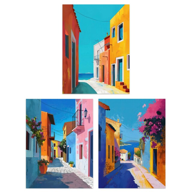 Set of 3 Colourful Greek Coastal Street Paintings Living Room A4 Size Wall Art Prints Pack