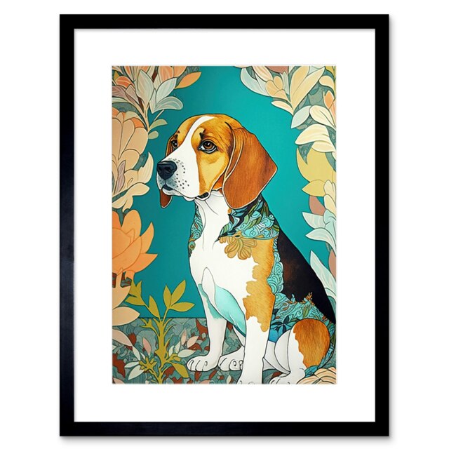 "Beagle Dog Floral Ornate Fur Coat Modern Art Nouveau 9x7"" Black Framed Wall Art Print"