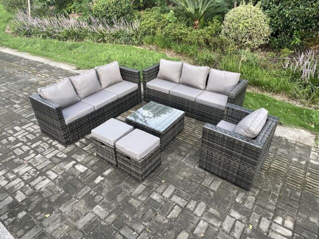 Fimous Rattan Garden Furniture Sofa Set with Armchair Square Coffee Table 2 Small Footstools Indoor Side Table Outdoor 9 Seater Rattan Set Dark Grey Mixed