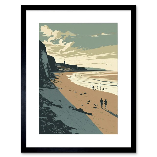 "Couples Walking Filey Beach Coastal 9x7"" Black Framed Wall Art Print"