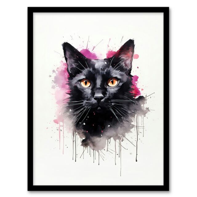 Cat Watercolour Pet Portrait Home Decor Black Framed Wall Art Print A4