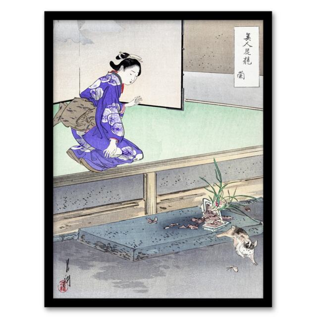 Ogata Gekko Framed Wall Art Print Orchid Broken Plant Pot and Cat Home Décor