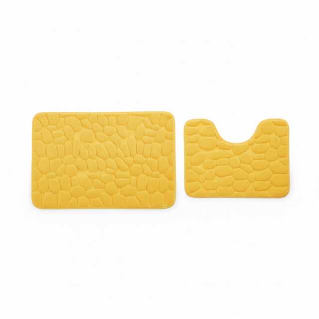 2 Piece Pebble Design Memory Foam Bath Mat Set Soft Absorbent Non-Slip Bathroom Yellow