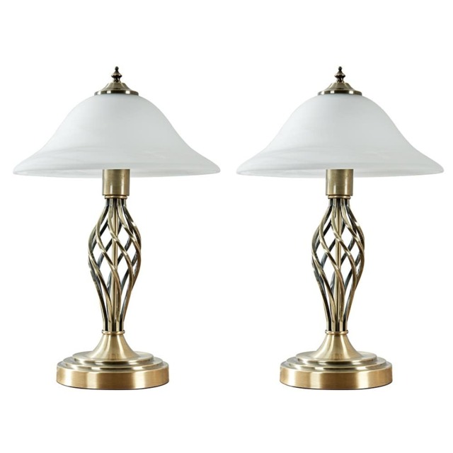ValueLights Memphis Pair Antique Brass Table Lamps Frosted Shades Gold