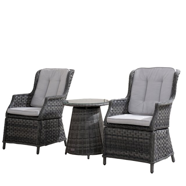 Direct Wicker Outdoor Bistro Set, Table with 5mm Toughened Glass Top, 2-Piece Aluminium Rattan Chairs
