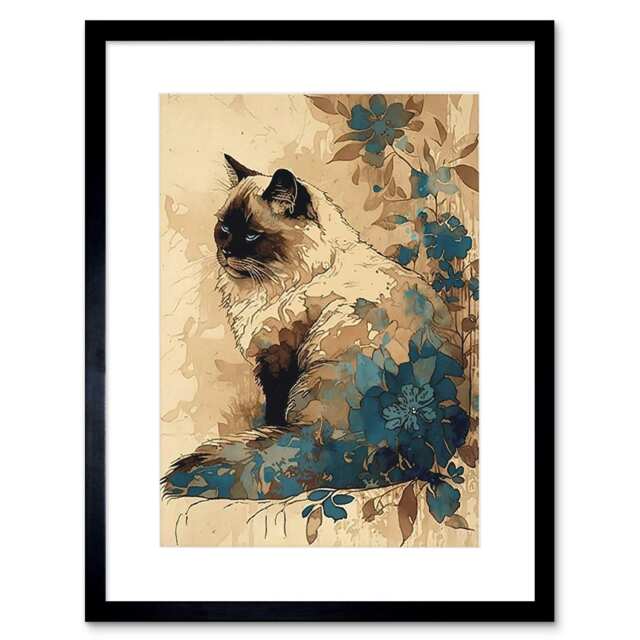 "Ragdoll Cat Floral Patterns Watercolour 9x7"" Black Framed Wall Art Print"