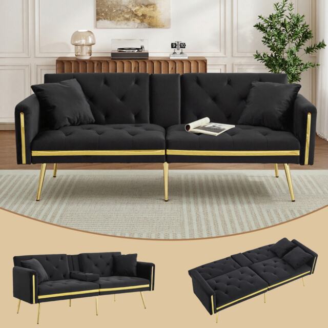 VILUXE 174cm 2 Seater Velvet Sofa Bed with 3-Position Adjustable Backrest, Hidden Cup Holders, High-Density Foam and Gold-Tone Metal Legs, Black